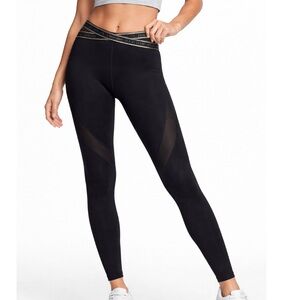 VICTORIAS SECRET On Point Black & Gold Metallic Logo Waistband Leggings  L